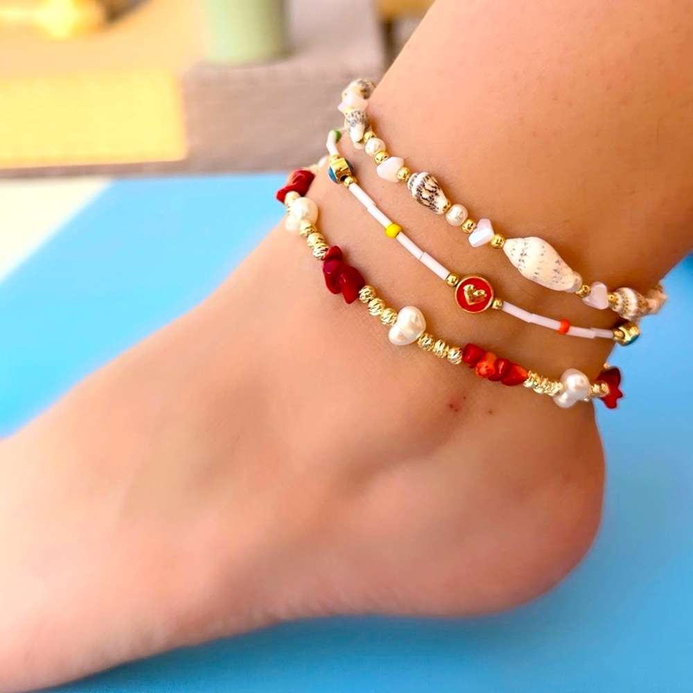 Red and Gold Beaded Anklet Set 3 Pc Set | Layered Anklet